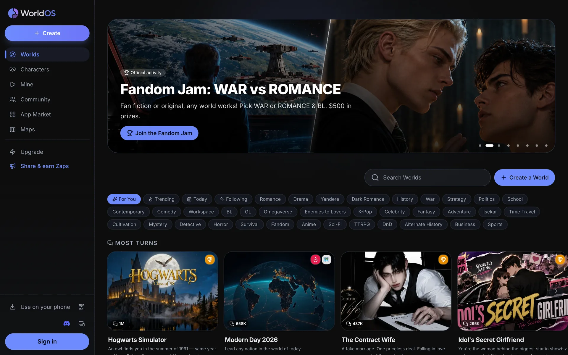 WorldOS homepage on desktop